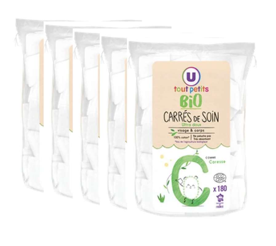 SUPER OFFRE - 30% Lot de 5 : Coton carré de soin BIO, U Tout Petits bio (5 x 180)