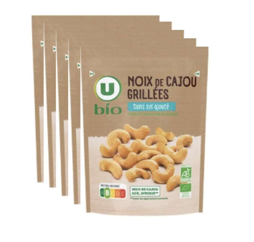 SUPER OFFRE -30% Lot de 5 : Noix de cajou grillées sans sel ajouté BIO, U BIO (5 x 100 g)