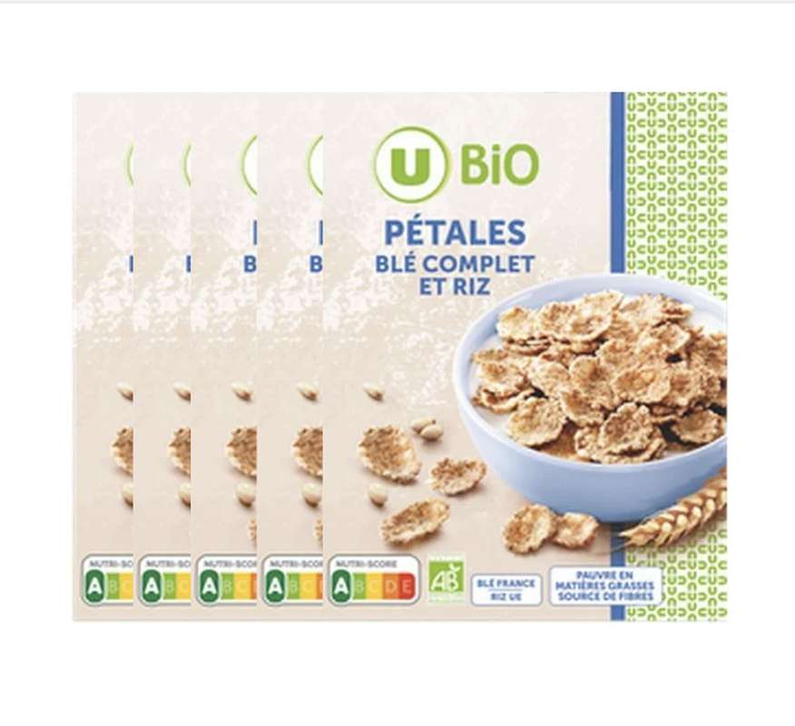 SUPER OFFRE -30% Lot de 5 : Pétales de blé complet et riz nature BIO,  U (5 x 300 g)