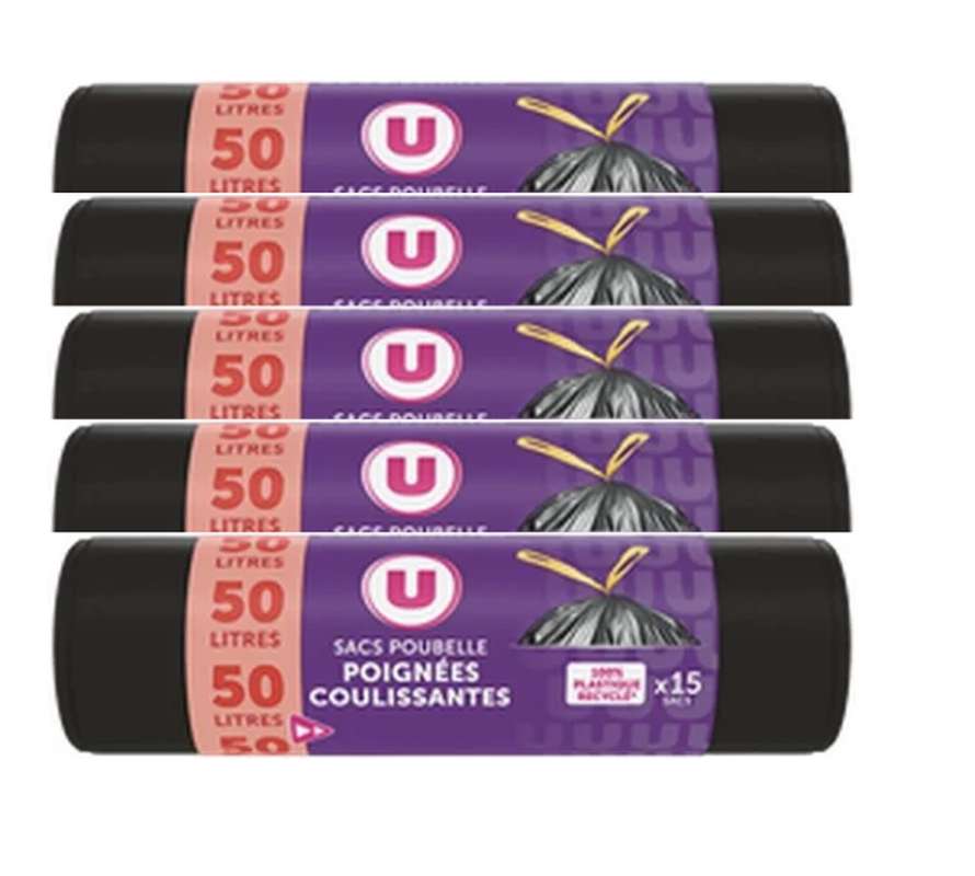 SUPER OFFRE - 30% Lot de 5 : Sacs poubelle 100% recyclé liens coulissants, U (5 x 15 l)