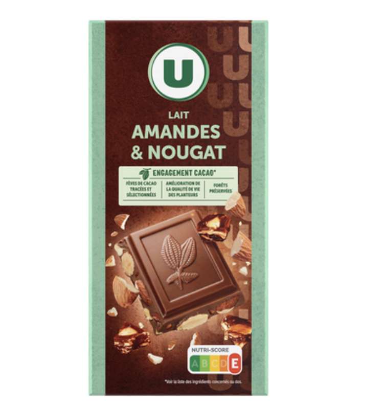 Tablette de chocolat au lait amandes et éclats de nougat au miel, U (180 g)
