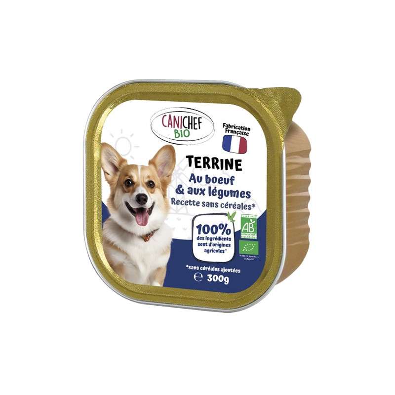 Terrine de boeuf et légumes en barquette pour chien BIO, Canichef (300 g)