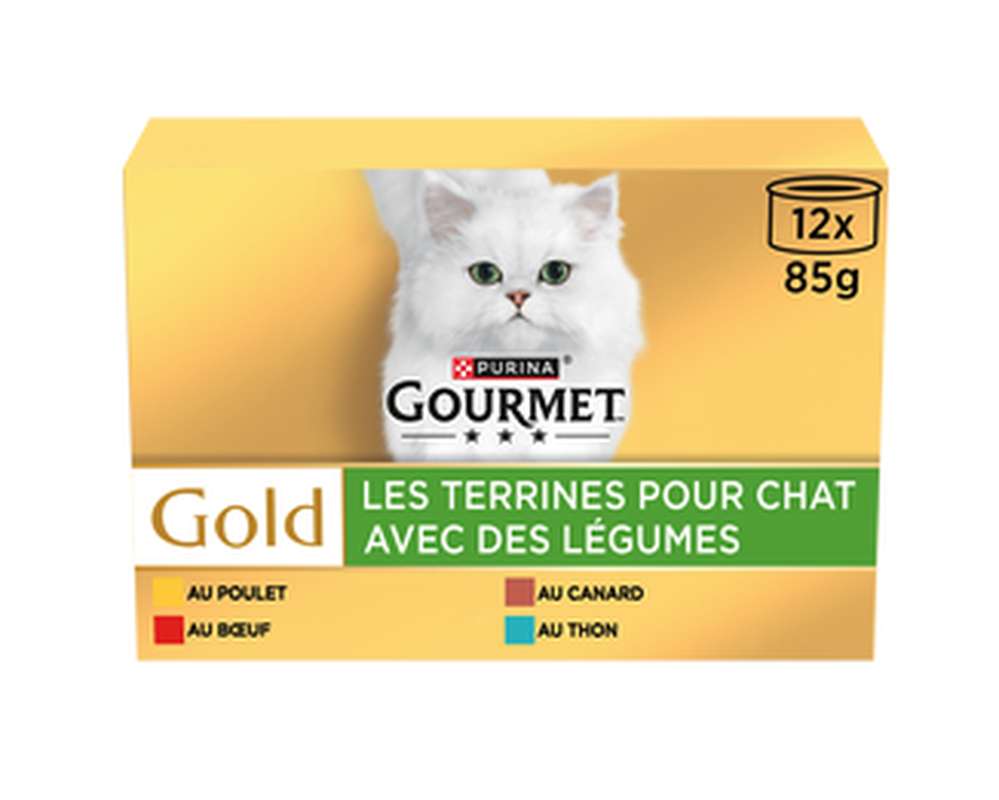Terrines Gourmet Gold pour chat adulte au poulet, boeuf et légumes, Purina (12 x 85 g)