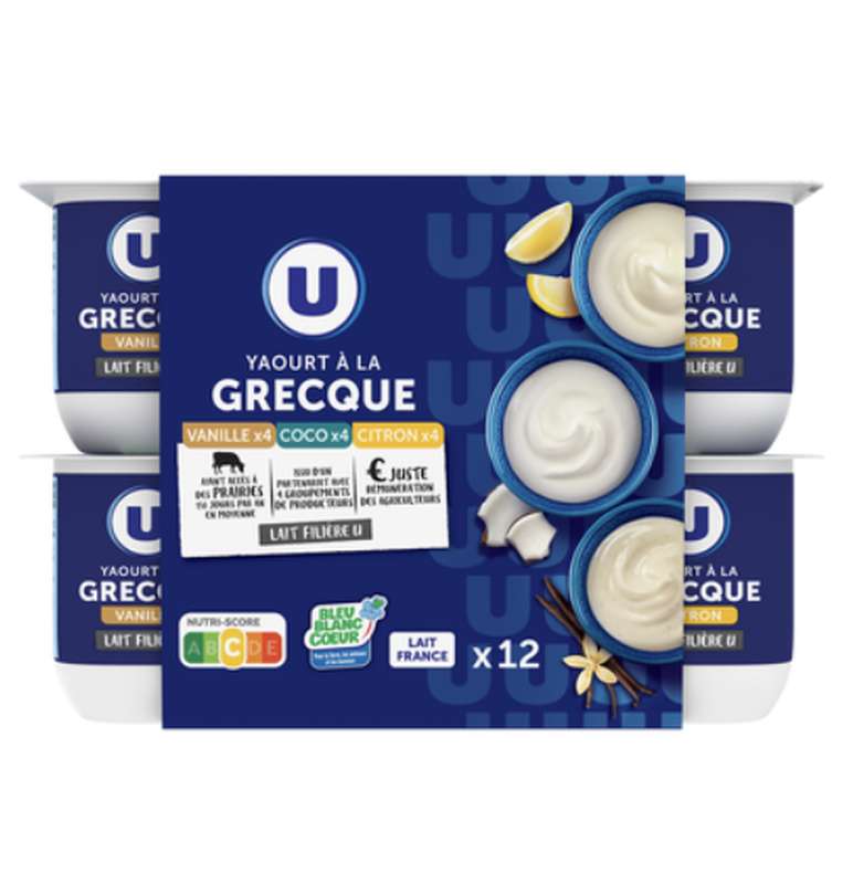 Yaourt à la grecque saveur citron coco ou à la vanille, U  (12 x 125 g)