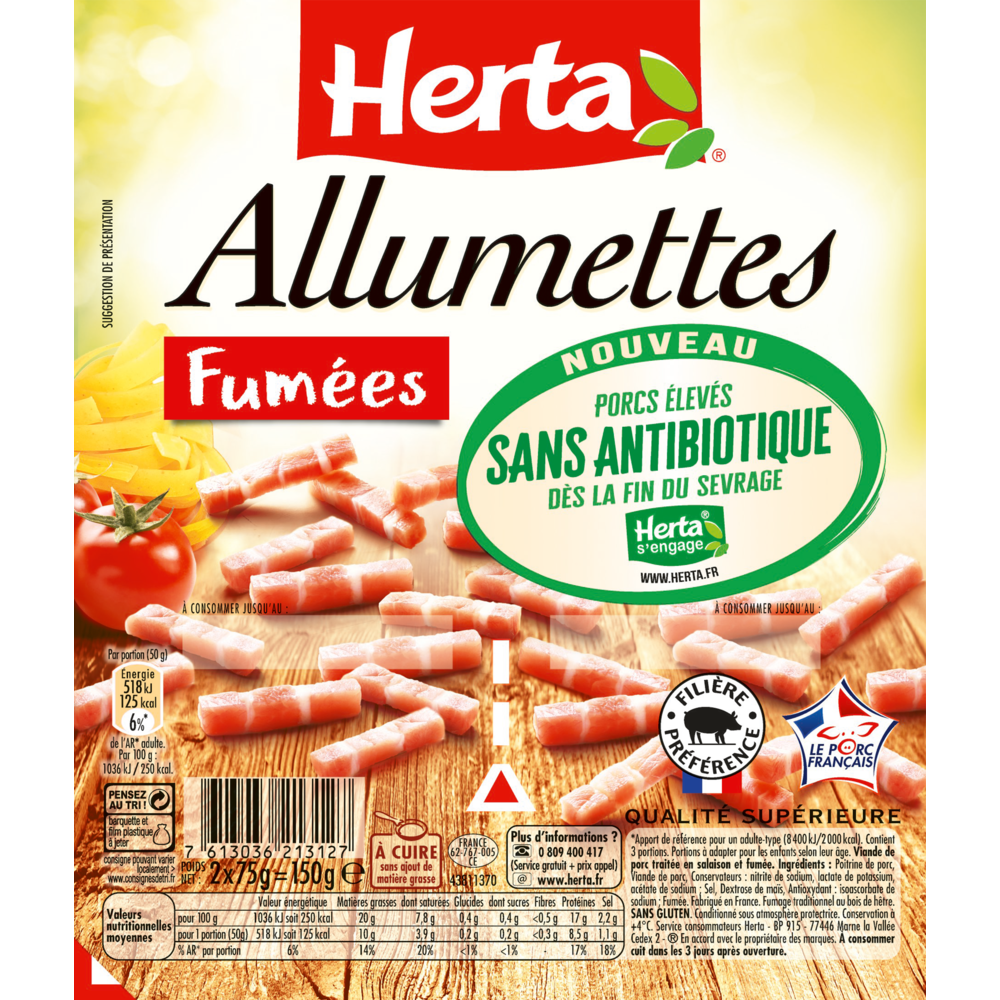 Lardons allumettes fumées sans antibiotique, Herta (2 x 75 g) La