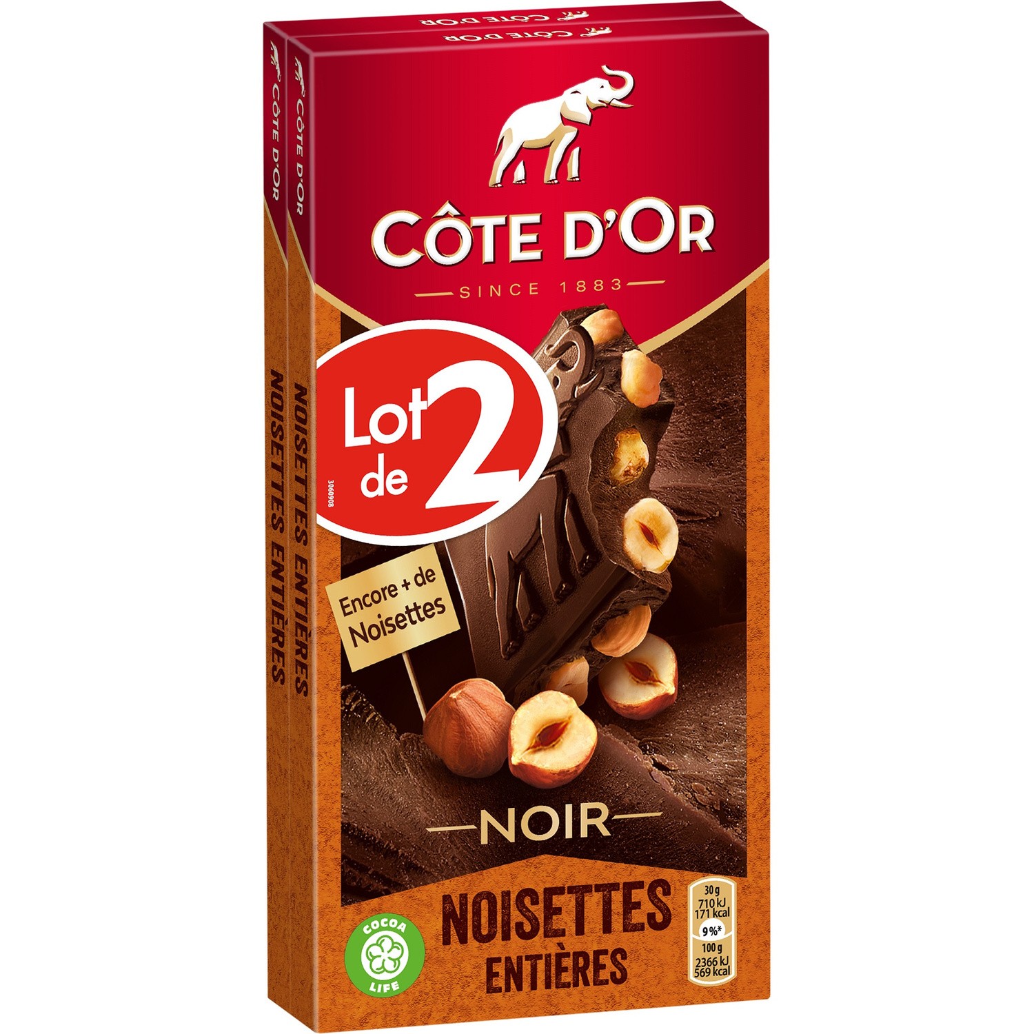 Chocolat noir noisettes entières LOT DE 2, Côte d'Or (2 x 180 g) La