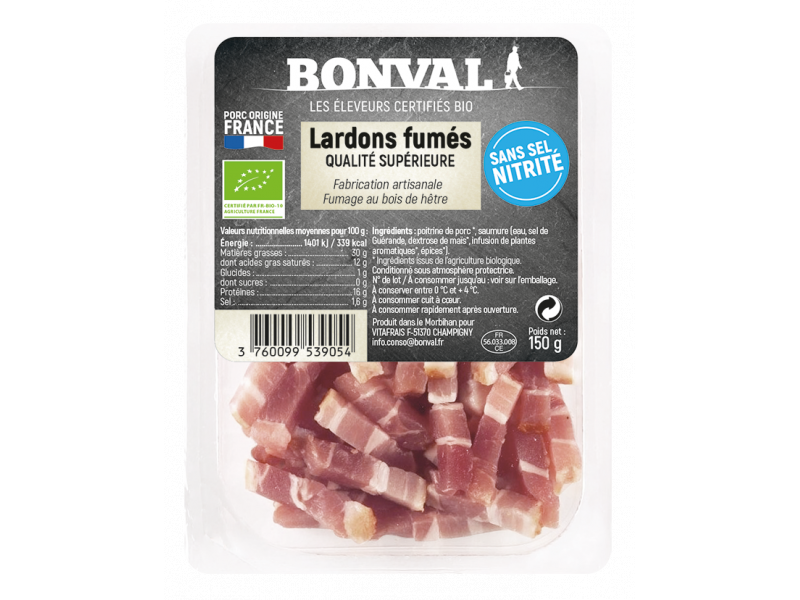 Lardons fumés sans sel nitrité BIO, Bonval (150 g) La belle vie
