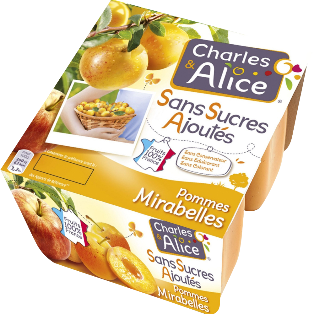 Compote pomme mirabelle sans sucre ajouté, Charles & Alice (4 x 97 g